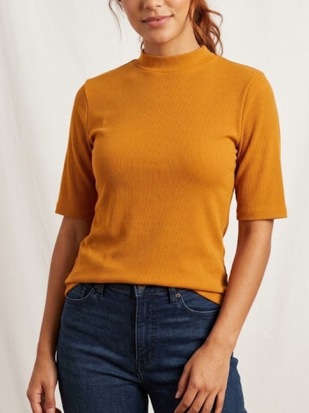 Anthropologie Maeve Mustard Yellow Ribbed Mock Neck Elbow Sleeve Top Size S